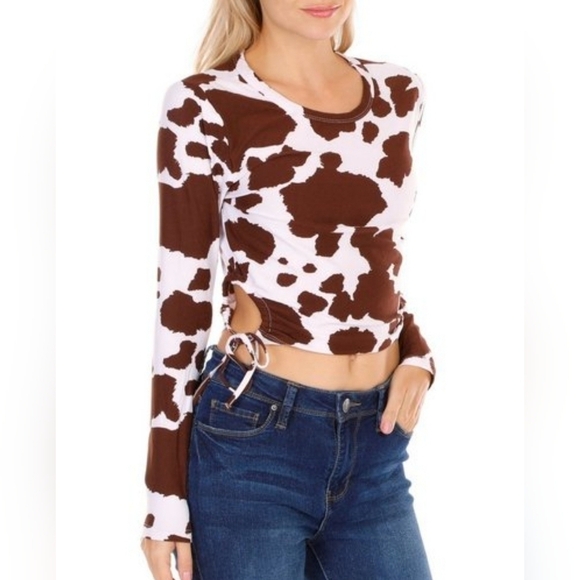 Love Dazed Brown Cow Print Side Keyhole Crop Top Women's Juniors M NWT - Picture 1 of 14
